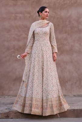 Cream Embroidered Georgette Free Size Stitched Anarkali Salwar Suit 1