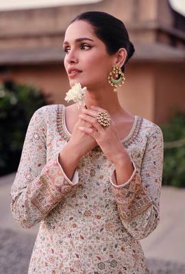 Cream Embroidered Georgette Free Size Stitched Anarkali Salwar Suit 2