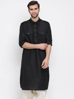 Black Cotton Blend Pathani Kurta 1