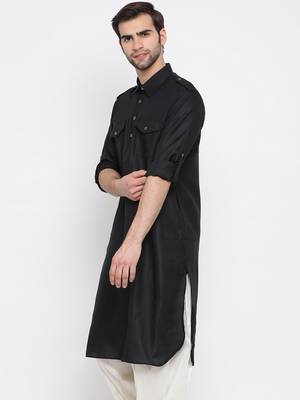 Black Cotton Blend Pathani Kurta 2