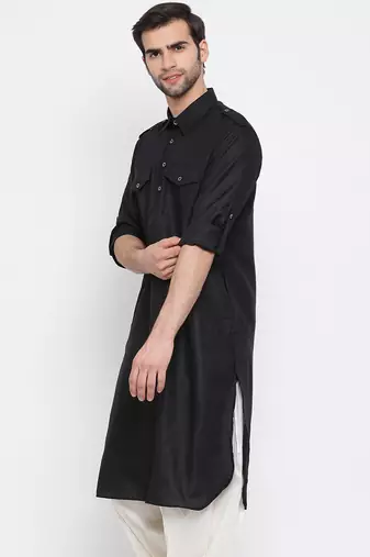 Black Cotton Blend Pathani Kurta