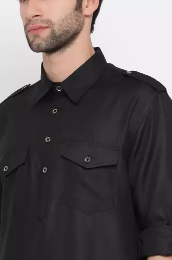 Black Cotton Blend Pathani Kurta