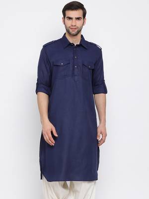 Blue Cotton Blend Pathani Kurta 1