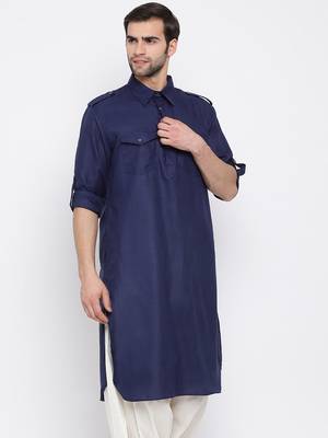 Blue Cotton Blend Pathani Kurta 2