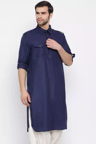 Blue Cotton Blend Pathani Kurta