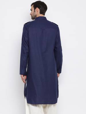 Blue Cotton Blend Pathani Kurta 4