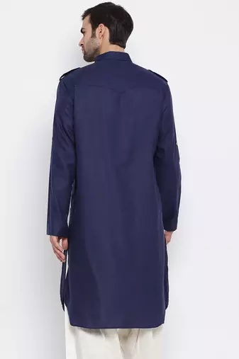 Blue Cotton Blend Pathani Kurta