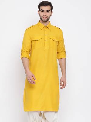 Mustard Cotton Blend Pathani Kurta 1