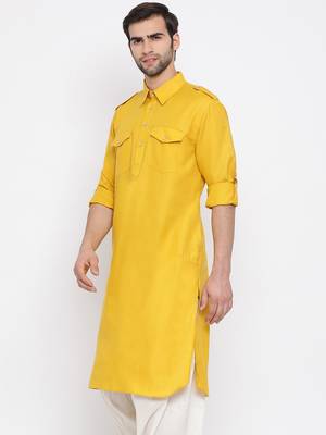 Mustard Cotton Blend Pathani Kurta 2
