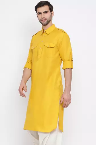 Mustard Cotton Blend Pathani Kurta