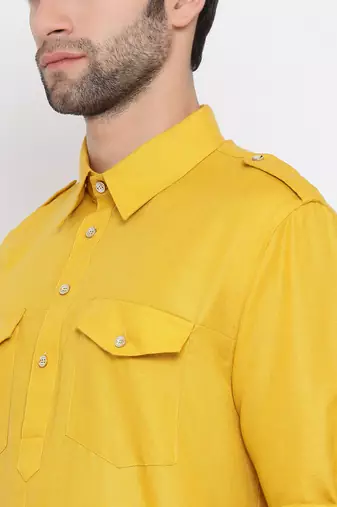 Mustard Cotton Blend Pathani Kurta