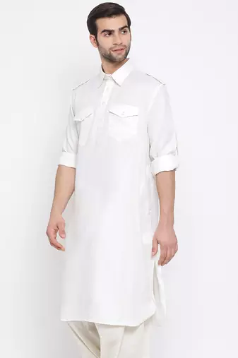 Cream Cotton Blend Pathani Kurta