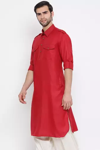 Maroon Cotton Blend Pathani Kurta