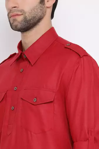 Maroon Cotton Blend Pathani Kurta