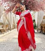 Orange Silk Blend Banarasi Woven Wedding Saree