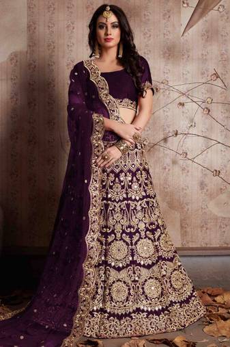 MESMERIZING WINE SEQUINS EMBROIDERED SEMI VELVET LEHENGA CHOLI FOR WEDDING