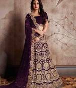 MESMERIZING WINE SEQUINS EMBROIDERED SEMI VELVET LEHENGA CHOLI FOR WEDDING