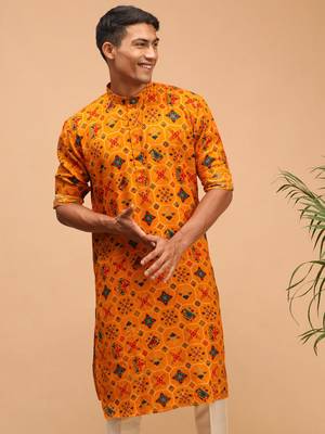 pathani style yellow rayon printed kurta with foil print 1
