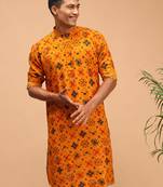 pathani style yellow rayon printed kurta with foil print