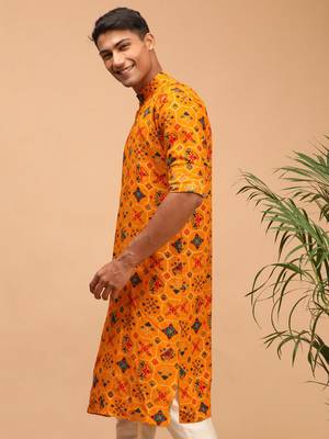 pathani style yellow rayon printed kurta with foil print 2