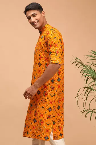 pathani style yellow rayon printed kurta with foil print