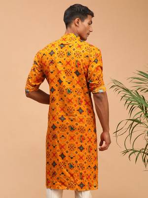 pathani style yellow rayon printed kurta with foil print 3