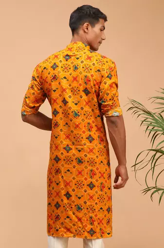 pathani style yellow rayon printed kurta with foil print