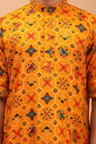 pathani style yellow rayon printed kurta with foil print