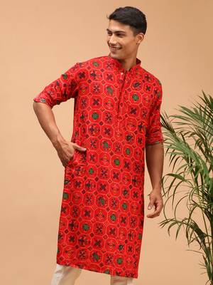 Red Cotton Blend Kurta 1