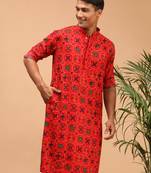 Men'S Red Cotton Blend Kurta