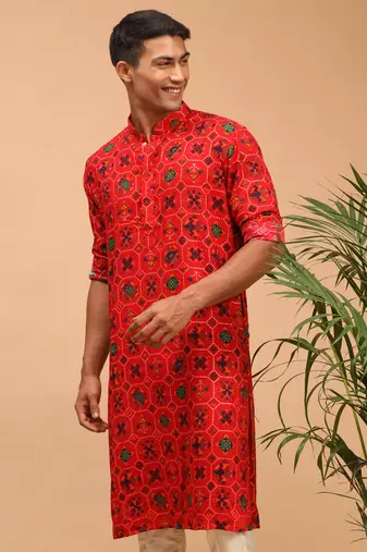 Red Cotton Blend Kurta