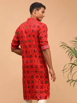 Red Cotton Blend Kurta 3