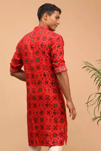 Red Cotton Blend Kurta