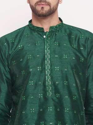 Men'S Green Silk Blend Kurta 4