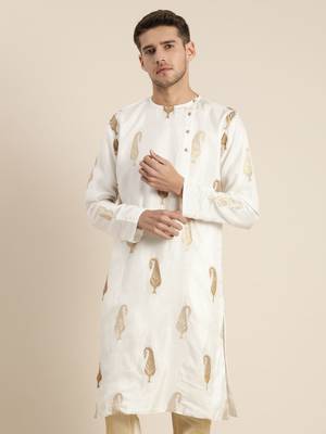 Men'S White And Gold Silk Blend Kurta 1
