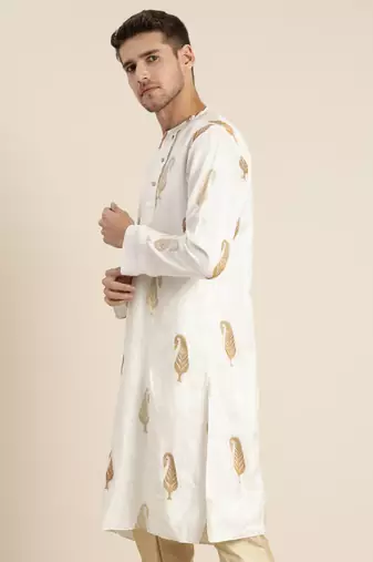 Men'S White And Gold Silk Blend Kurta