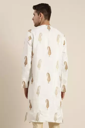 Men'S White And Gold Silk Blend Kurta