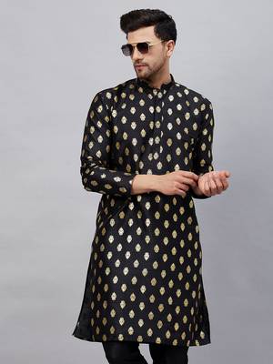 Men'S Black Dupion Silk Kurta 1
