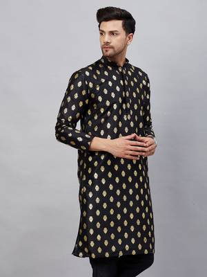 Men'S Black Dupion Silk Kurta 2