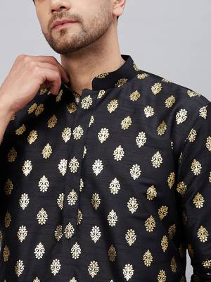 Men'S Black Dupion Silk Kurta 4