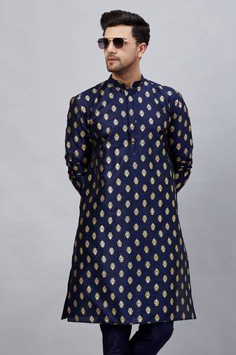 Men'S Navy Blue Dupion Silk Kurta