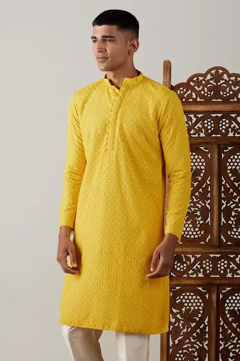 Men'S Yellow Georgette Kurta