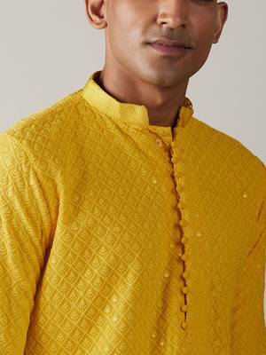 Men'S Yellow Georgette Kurta 4