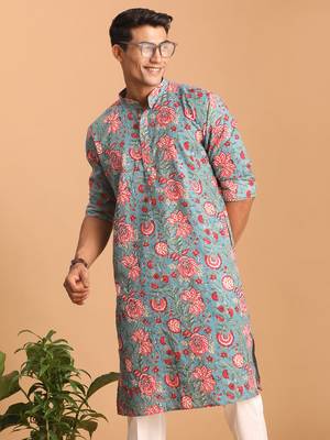 Sky Blue Cotton Floral Printed Kurta for Mens 1
