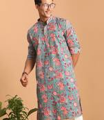 Sky Blue Cotton Floral Printed Kurta for Mens