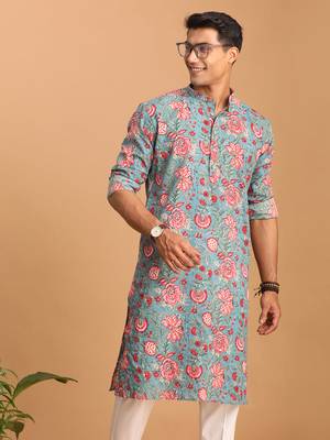 Sky Blue Cotton Floral Printed Kurta for Mens 2