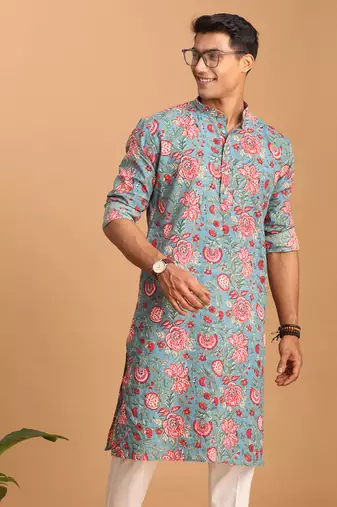 Sky Blue Cotton Floral Printed Kurta for Mens