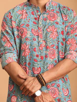 Sky Blue Cotton Floral Printed Kurta for Mens 3