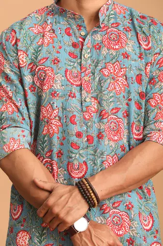 Sky Blue Cotton Floral Printed Kurta for Mens
