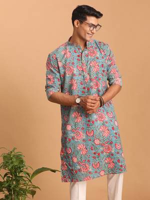 Sky Blue Cotton Floral Printed Kurta for Mens 4